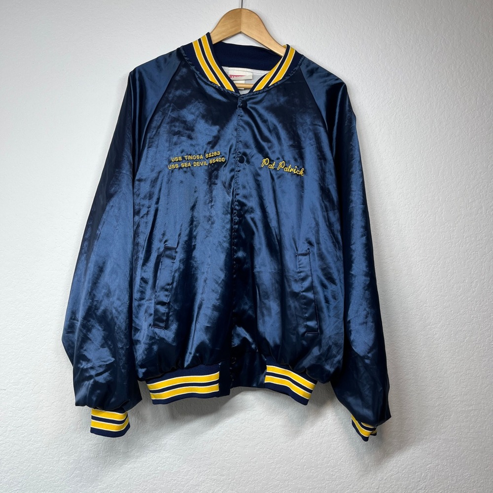 Vintage US Submarine Veterans WWII Satin Bomber Jacket Navy Blue XL Pat Patrick - Picture 2 of 8